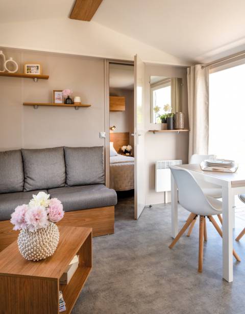 Pièce à vivre du mobil home neuf 3 chambres IRM Pivoine